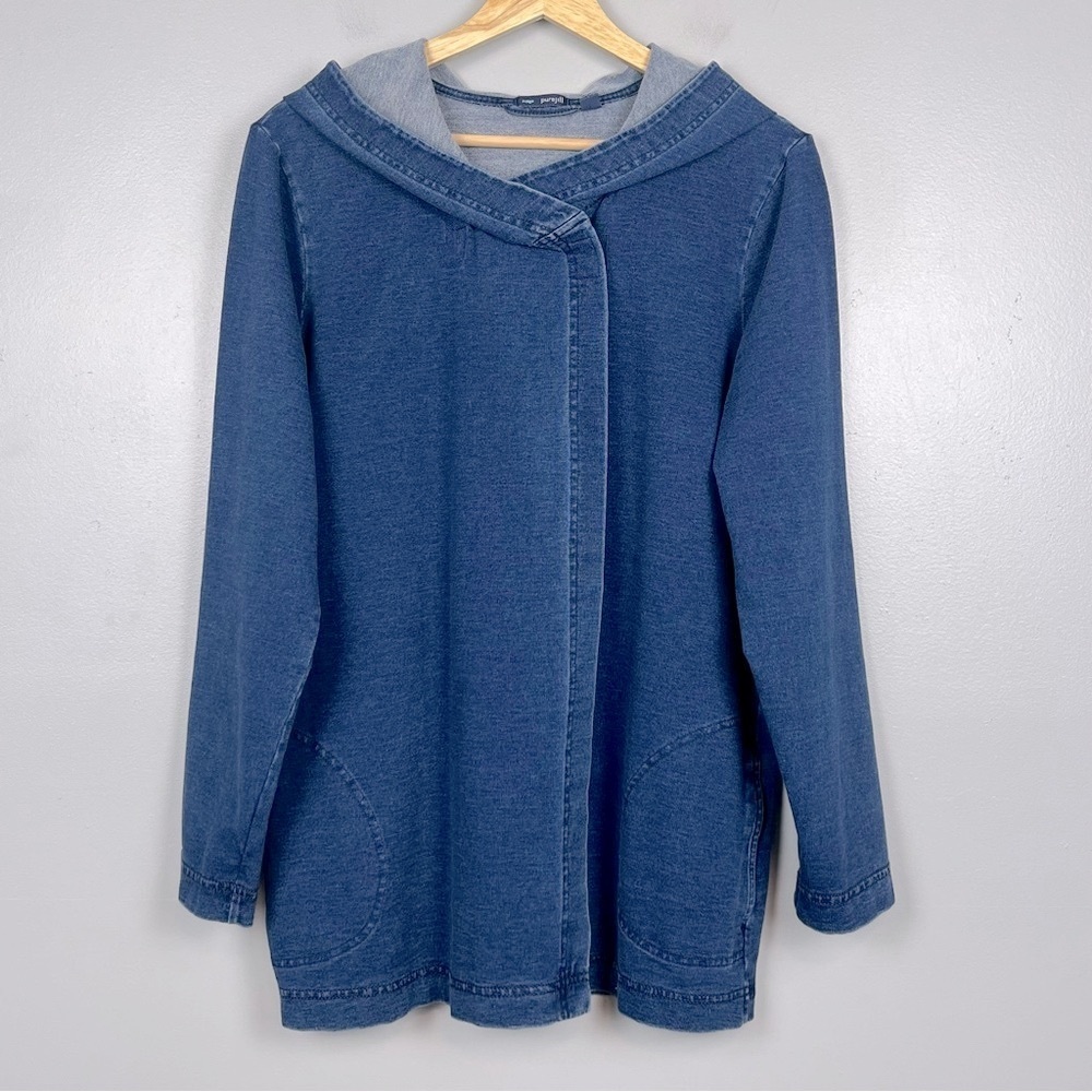 J.Jill Pure Jill indigo asymmetric snap closure hooded jacket, size medium.